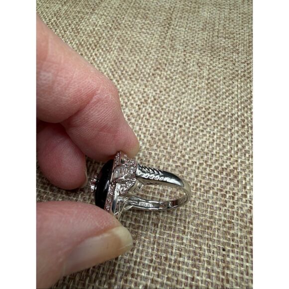 Black Onyx-Style Marquise CZ Halo Ring Sterling Silver Plated Size 6 - Picture 7 of 11